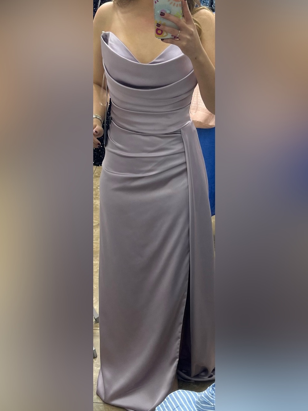 Strapless Lilac Cowl-Neck Evening Gown